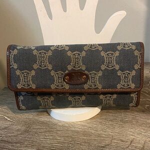 Celine Vintage Macadam Blue Denim Brown Leather Trim Wallet 7.25x4 EUC